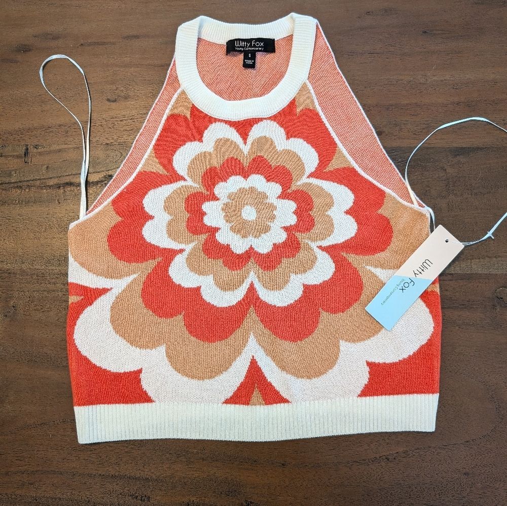 NWT Witty Fox Retro Floral Knit Crop Top Coral Cream Size Small